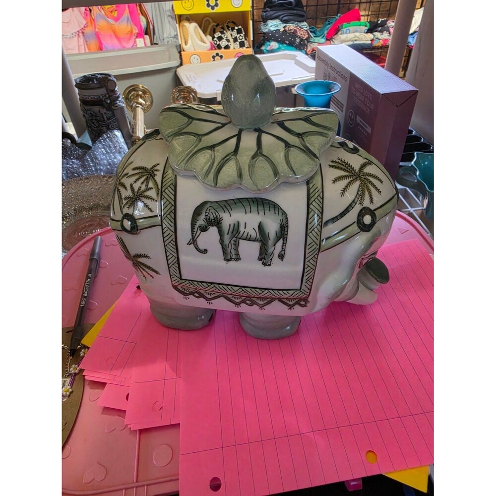 AT-1 Hand-Painted Ceramic Elephant  - White and Green